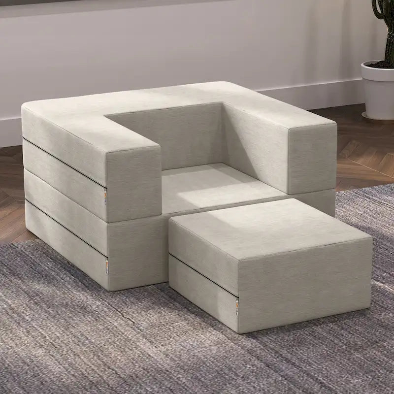 Fauteuil-lit convertible gris avec pouf, 1 personne, lit jumeau
