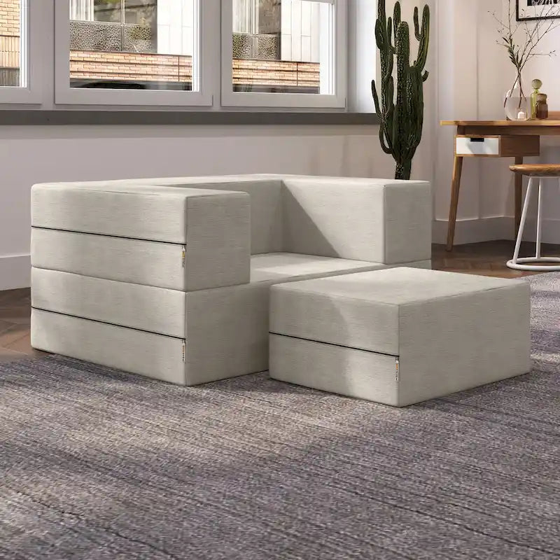 Fauteuil-lit convertible gris avec pouf, 1 personne, lit jumeau