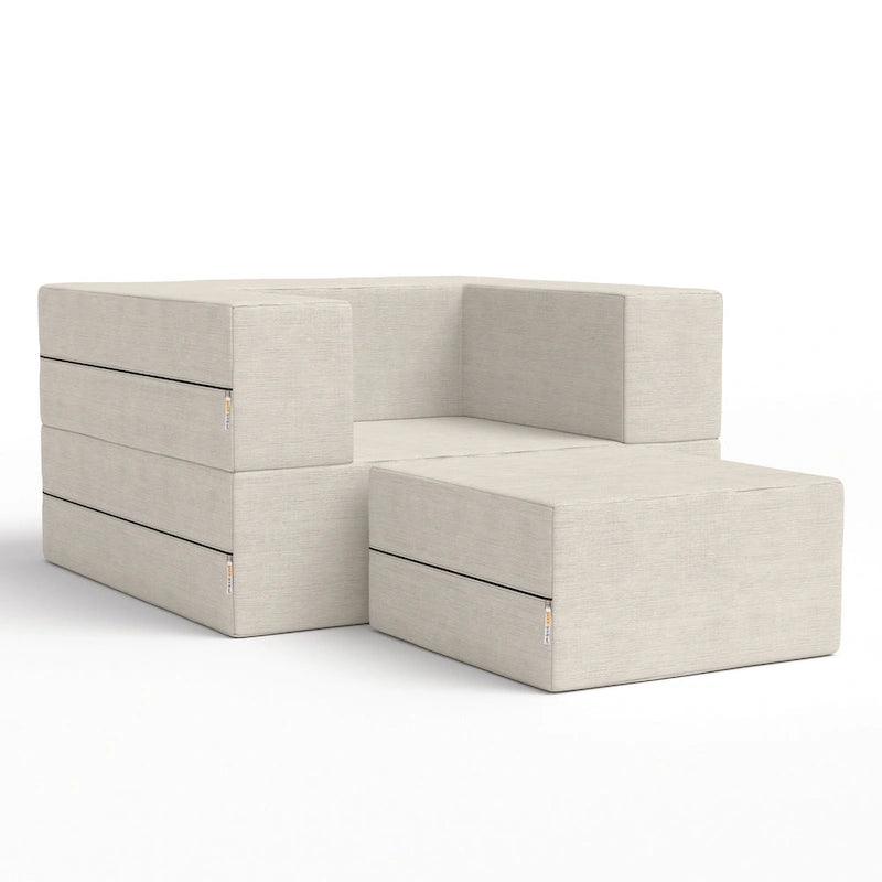 Fauteuil-lit convertible gris avec pouf, 1 personne, lit jumeau
