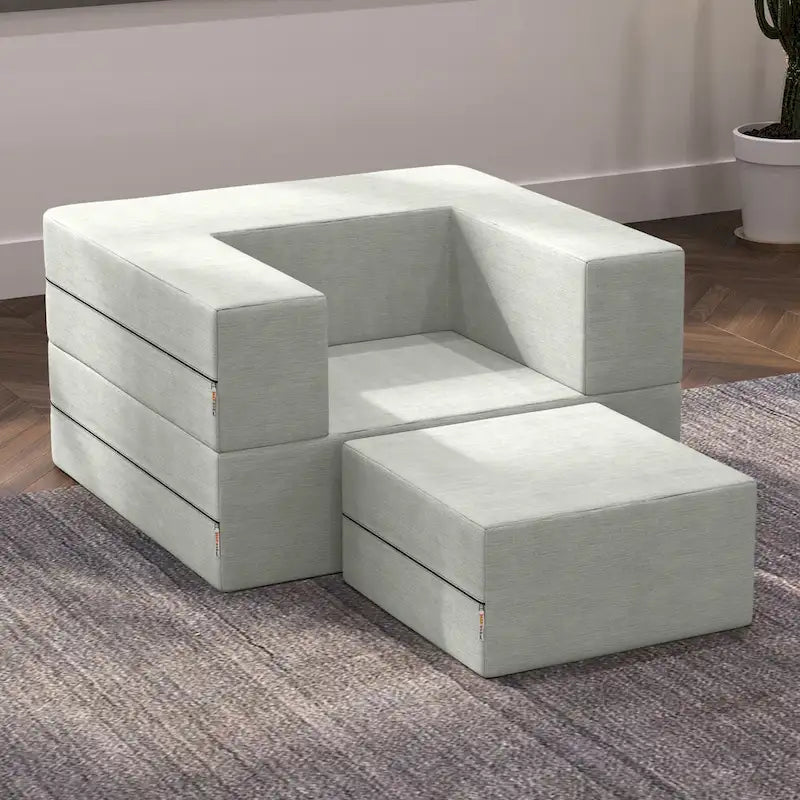 Fauteuil-lit convertible gris avec pouf, 1 personne, lit jumeau