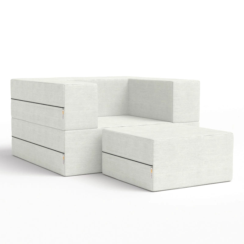 Fauteuil-lit convertible gris avec pouf, 1 personne, lit jumeau