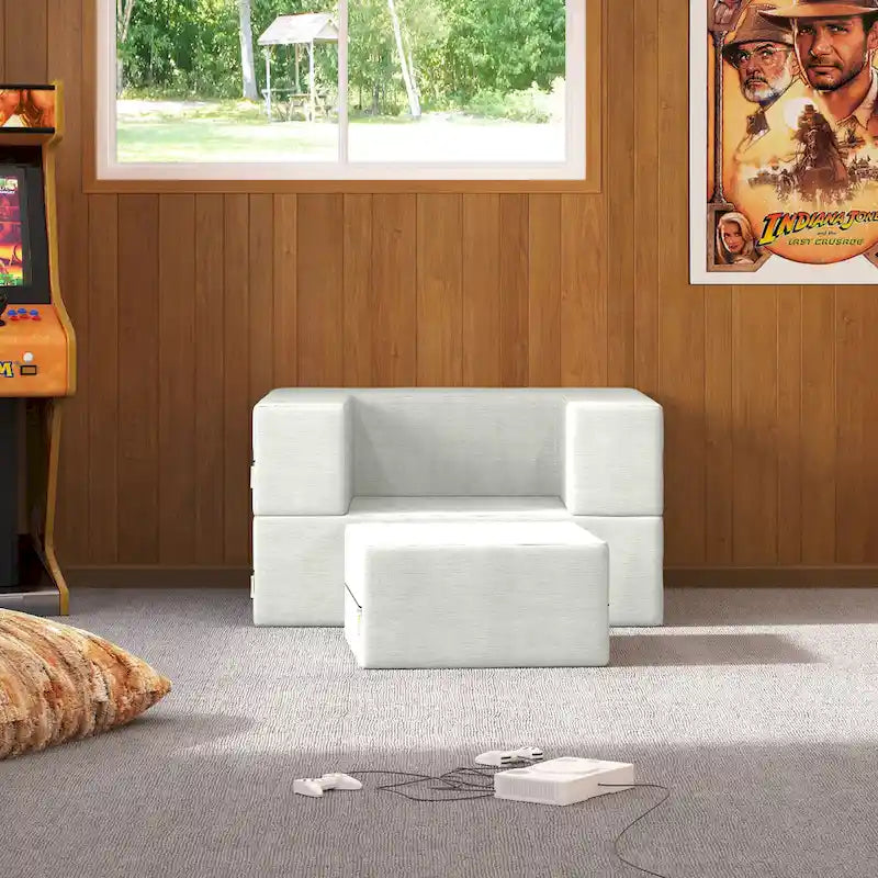 Fauteuil-lit convertible gris avec pouf, 1 personne, lit jumeau
