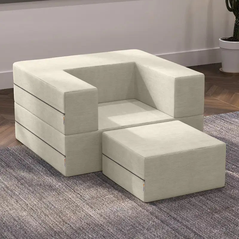 Fauteuil-lit convertible gris avec pouf, 1 personne, lit jumeau
