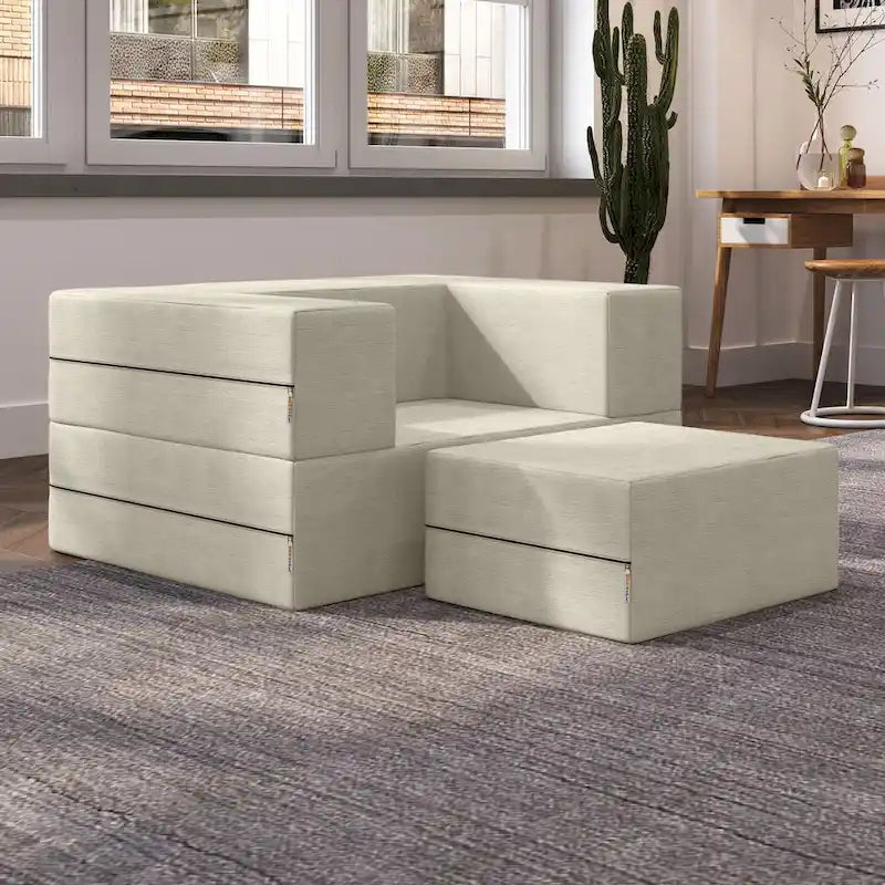 Fauteuil-lit convertible gris avec pouf, 1 personne, lit jumeau