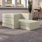 Fauteuil-lit convertible gris avec pouf, 1 personne, lit jumeau