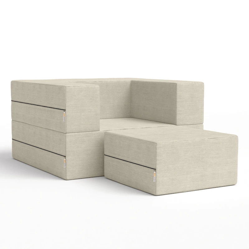 Fauteuil-lit convertible gris avec pouf, 1 personne, lit jumeau