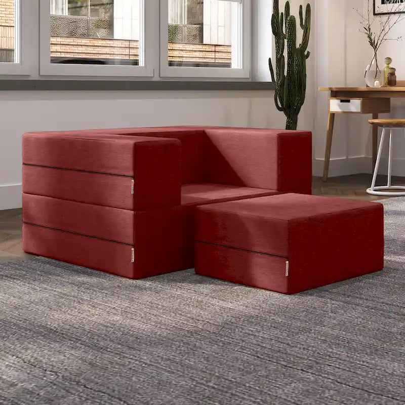 Fauteuil-lit convertible gris avec pouf, 1 personne, lit jumeau