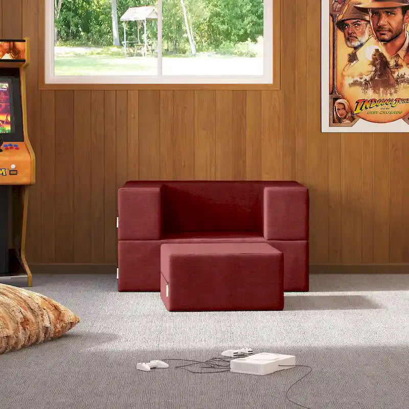 Fauteuil-lit convertible gris avec pouf, 1 personne, lit jumeau