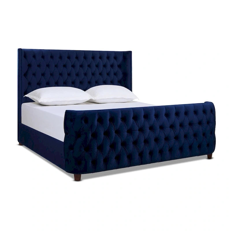 Lit capitonné à oreilles Opal Grey / Navy Blue en velours – Grand lit et très grand lit, 2 personnes