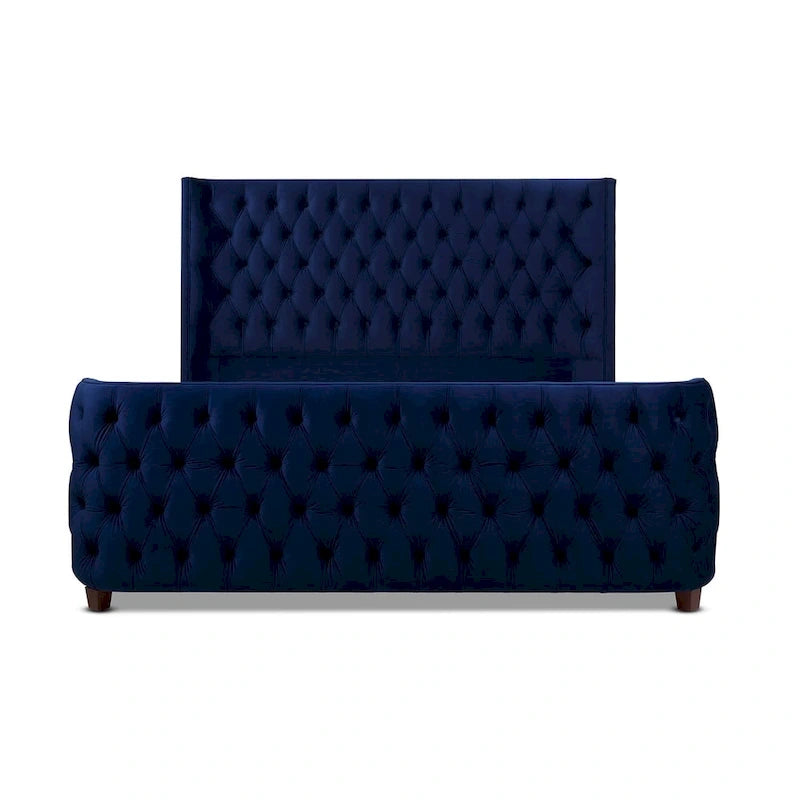 Lit capitonné à oreilles Opal Grey / Navy Blue en velours – Grand lit et très grand lit, 2 personnes