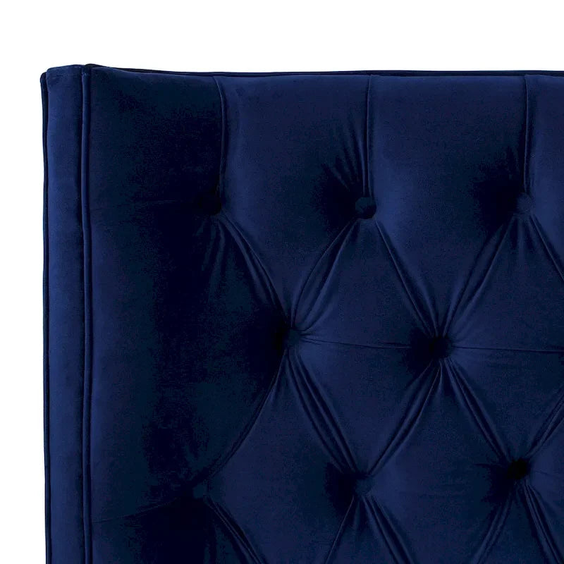 Lit capitonné à oreilles Opal Grey / Navy Blue en velours – Grand lit et très grand lit, 2 personnes
