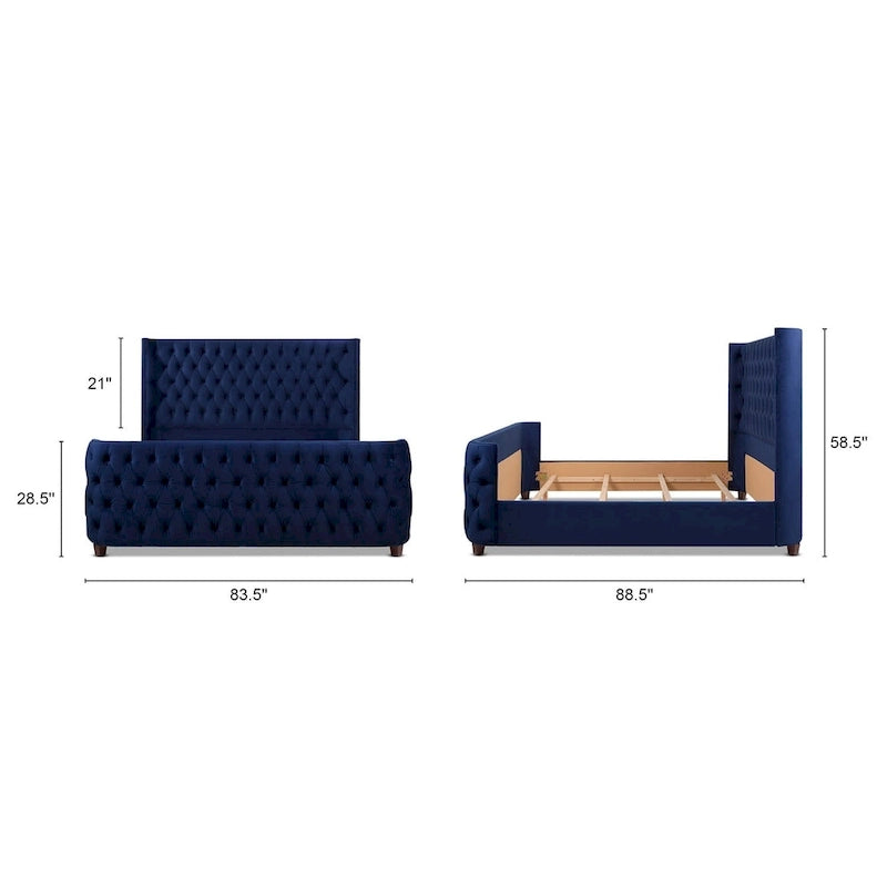 Lit capitonné à oreilles Opal Grey / Navy Blue en velours – Grand lit et très grand lit, 2 personnes
