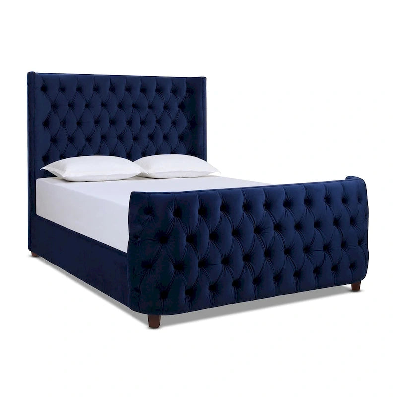 Lit capitonné à oreilles Opal Grey / Navy Blue en velours – Grand lit et très grand lit, 2 personnes