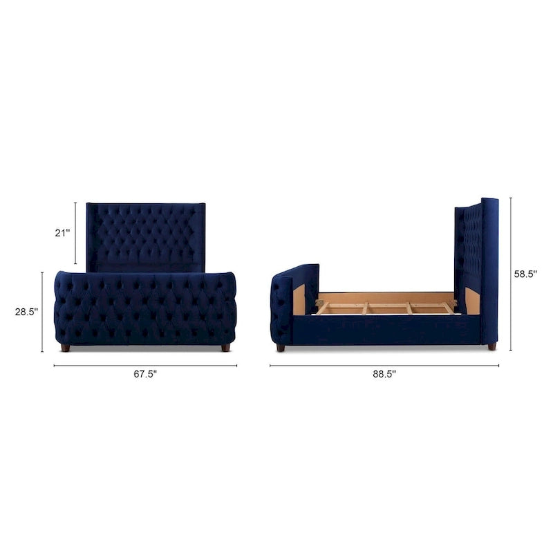 Lit capitonné à oreilles Opal Grey / Navy Blue en velours – Grand lit et très grand lit, 2 personnes