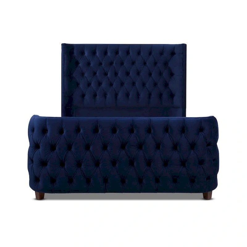 Lit capitonné à oreilles Opal Grey / Navy Blue en velours – Grand lit et très grand lit, 2 personnes