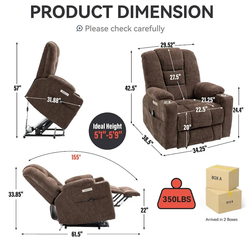 Fauteuil inclinable releveur motorisé en chenille marron avec massage et chauffage, 1 place
