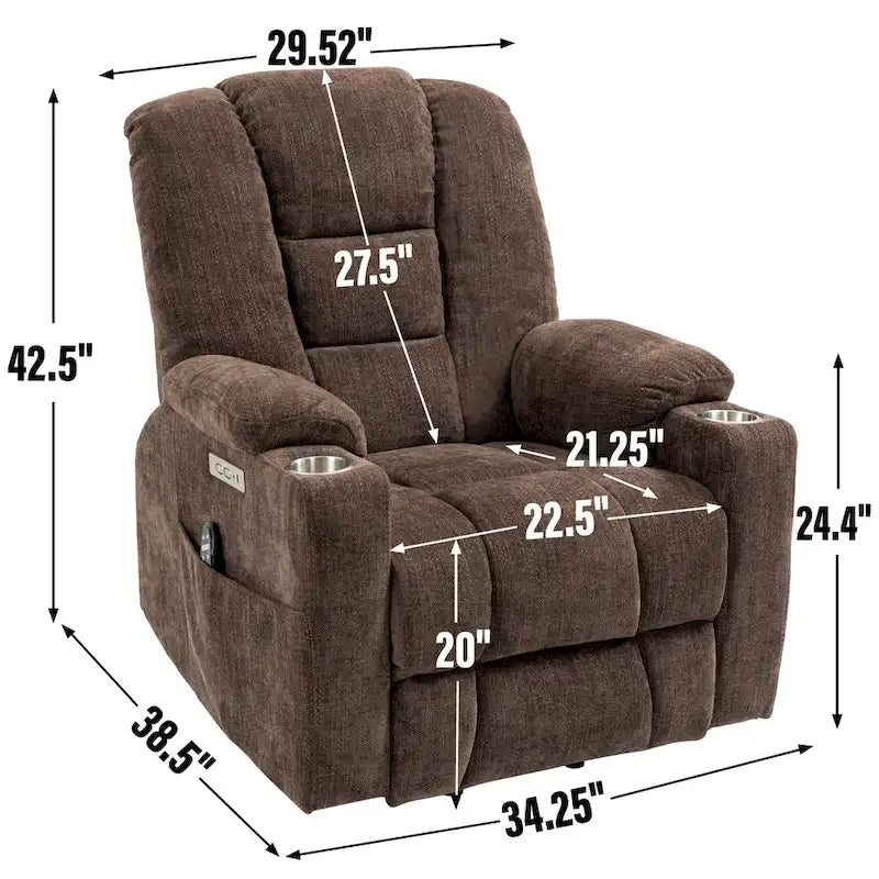Fauteuil inclinable releveur motorisé en chenille marron avec massage et chauffage, 1 place