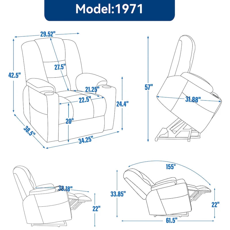 Fauteuil inclinable releveur motorisé en chenille marron avec massage et chauffage, 1 place