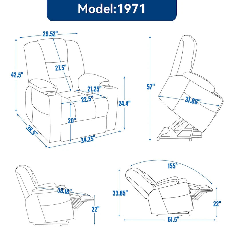 Fauteuil inclinable releveur motorisé en chenille marron avec massage et chauffage, 1 place