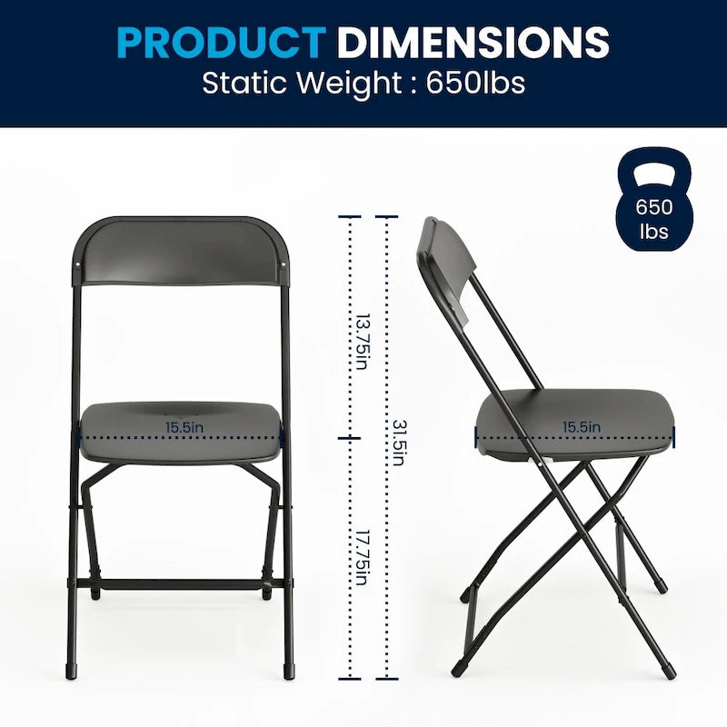 Chaise pliante en plastique, lot de 2 – Bleu/Gris/Rouge/Blanc/Noir/Beige/Marron, capacité de 295 kg