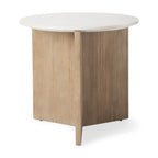 Table d'appoint ronde cannelée en marbre blanc et bois brun clair, 1 pièce