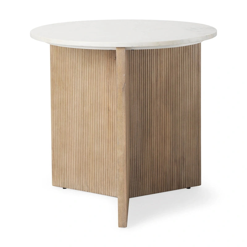 Table d'appoint ronde cannelée en marbre blanc et bois brun clair, 1 pièce