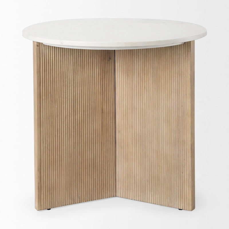 Table d'appoint ronde cannelée en marbre blanc et bois brun clair, 1 pièce