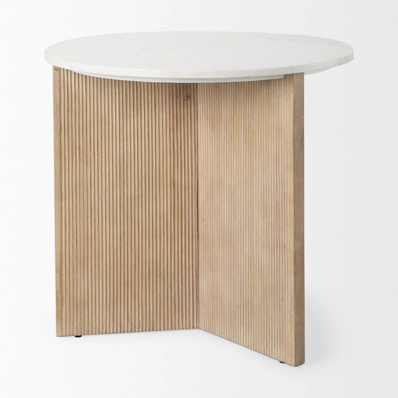 Table d'appoint ronde cannelée en marbre blanc et bois brun clair, 1 pièce