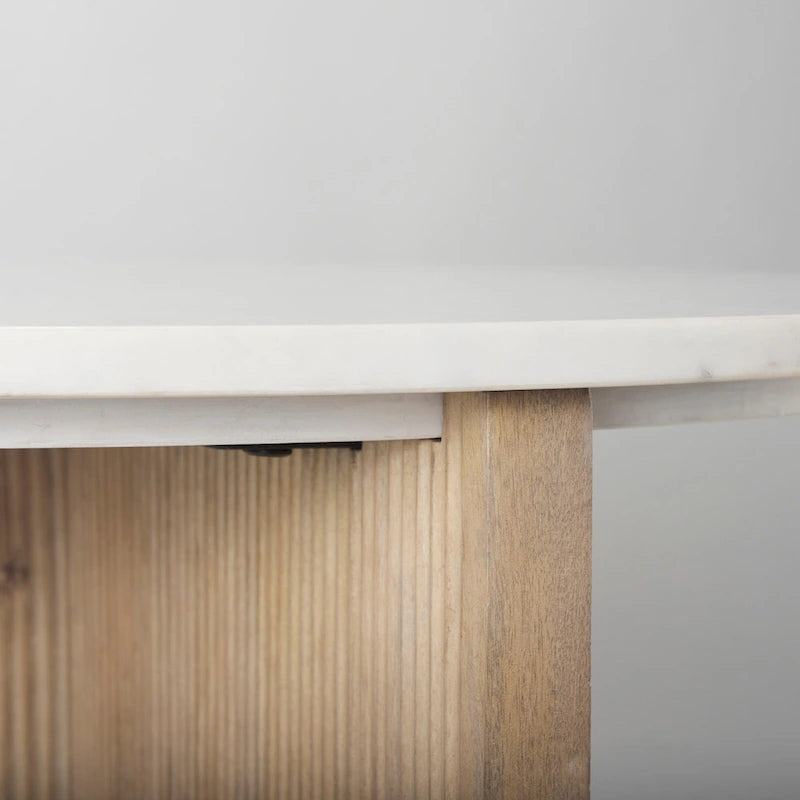 Table d'appoint ronde cannelée en marbre blanc et bois brun clair, 1 pièce