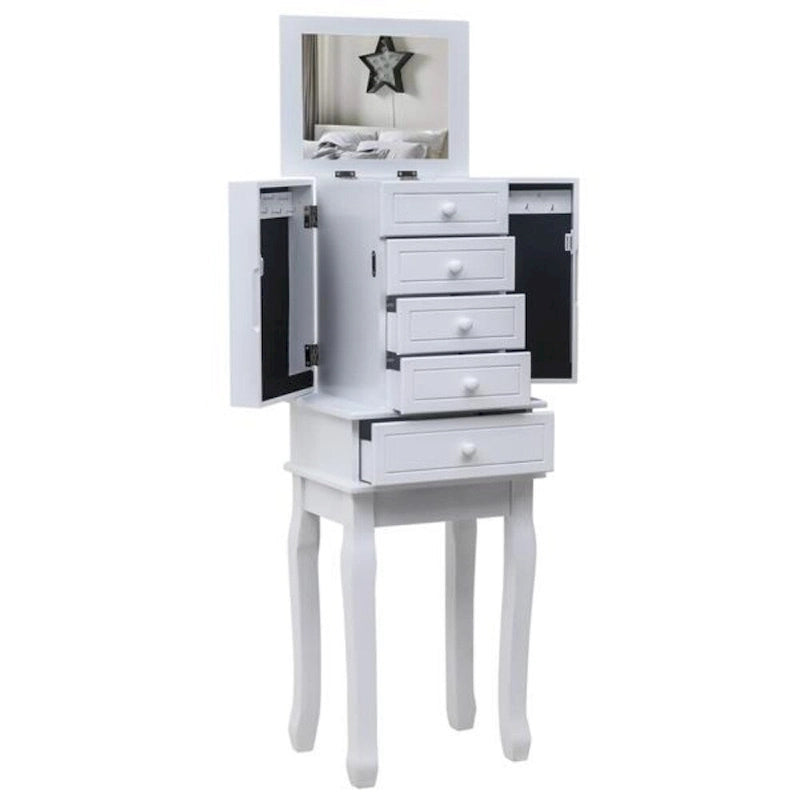 Bijou Armoire Miroir sur Pied Blanc, 5 Tiroirs & 14 Crochets, Simple
