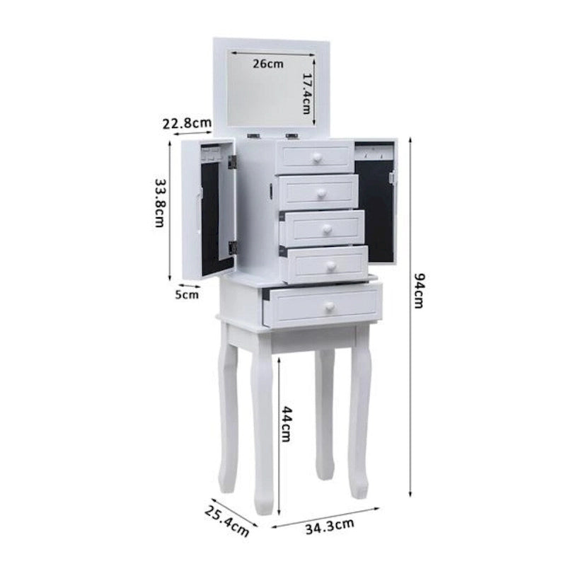 Bijou Armoire Miroir sur Pied Blanc, 5 Tiroirs & 14 Crochets, Simple