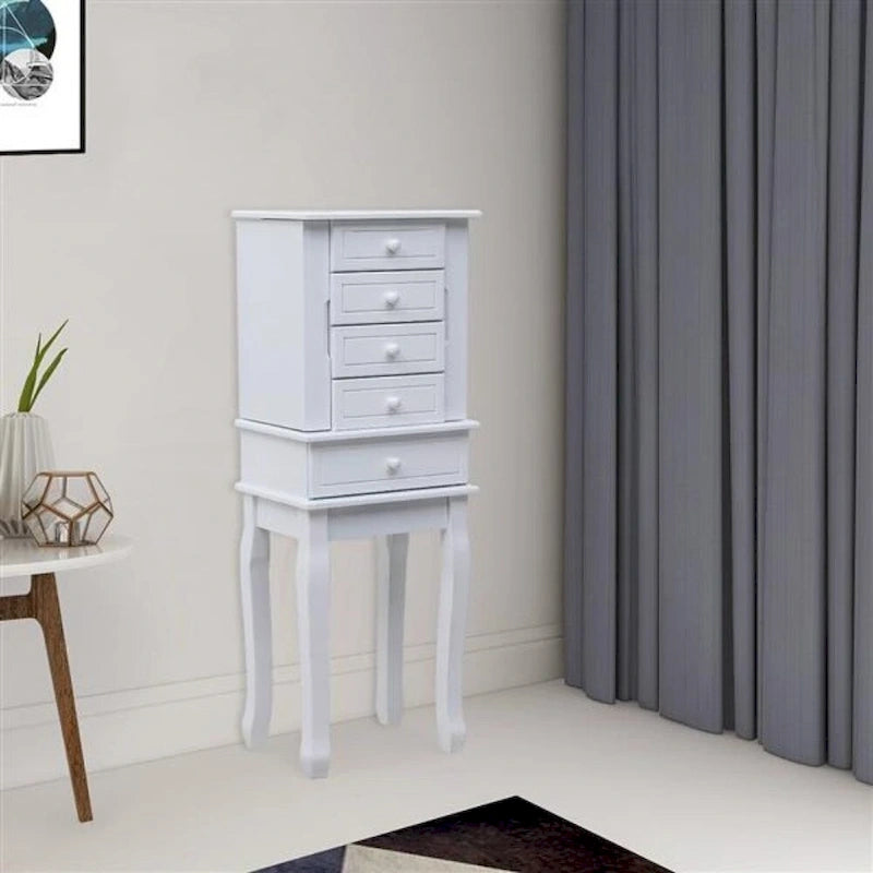 Bijou Armoire Miroir sur Pied Blanc, 5 Tiroirs & 14 Crochets, Simple