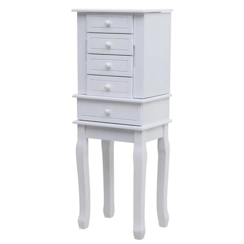 Bijou Armoire Miroir sur Pied Blanc, 5 Tiroirs & 14 Crochets, Simple