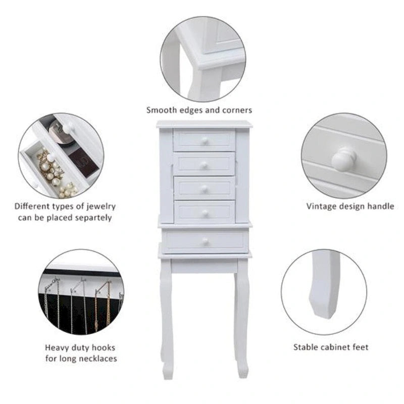 Bijou Armoire Miroir sur Pied Blanc, 5 Tiroirs & 14 Crochets, Simple