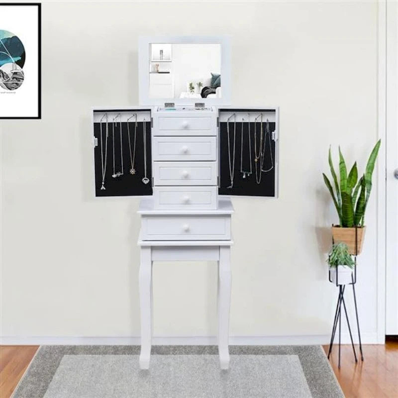 Bijou Armoire Miroir sur Pied Blanc, 5 Tiroirs & 14 Crochets, Simple