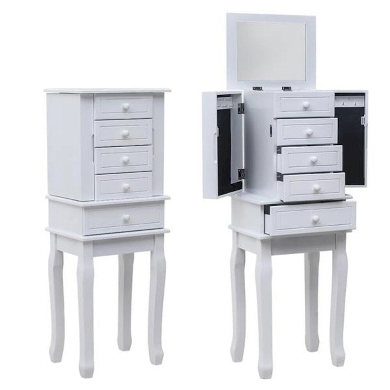 Bijou Armoire Miroir sur Pied Blanc, 5 Tiroirs & 14 Crochets, Simple