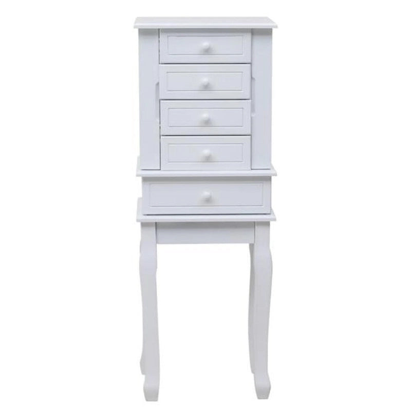 Bijou Armoire Miroir sur Pied Blanc, 5 Tiroirs & 14 Crochets, Simple