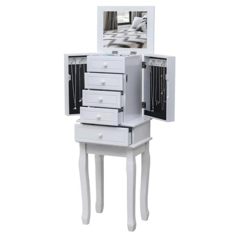 Bijou Armoire Miroir sur Pied Blanc, 5 Tiroirs & 14 Crochets, Simple