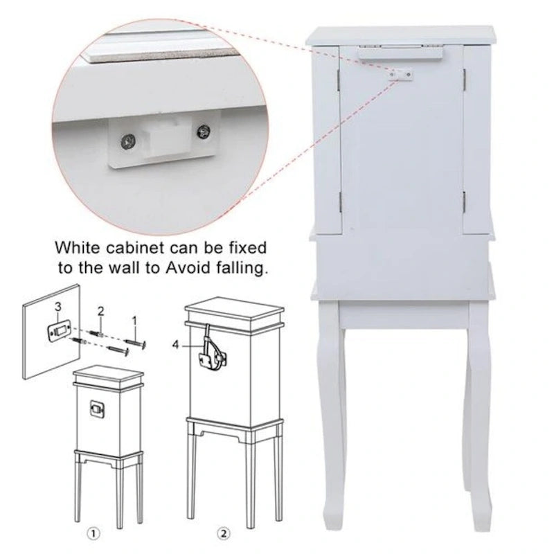 Bijou Armoire Miroir sur Pied Blanc, 5 Tiroirs & 14 Crochets, Simple