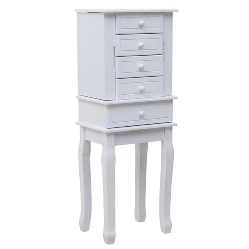 Bijou Armoire Miroir sur Pied Blanc, 5 Tiroirs & 14 Crochets, Simple