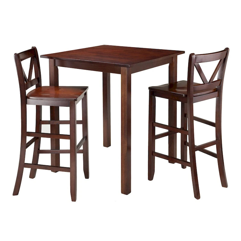 Ensemble de table haute carrée en noyer avec 4 tabourets de bar à dossier en V, 3 pièces