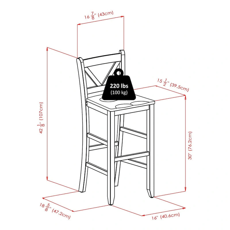 Ensemble de table haute carrée en noyer avec 4 tabourets de bar à dossier en V, 3 pièces
