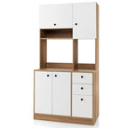 Armoire de cuisine autoportante blanche/noyer – 3 tiroirs, 3 armoires, 1 étagère ouverte