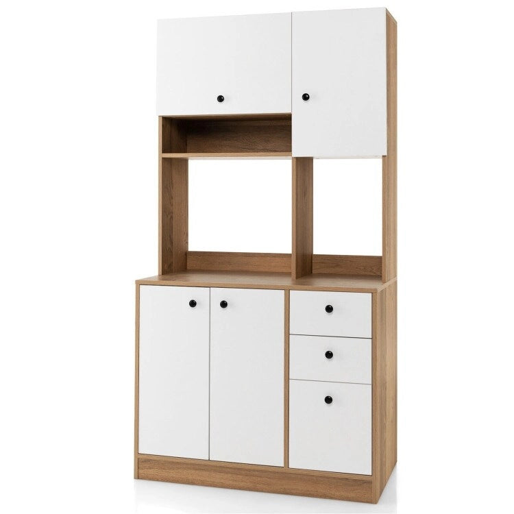Armoire de cuisine autoportante blanche/noyer – 3 tiroirs, 3 armoires, 1 étagère ouverte