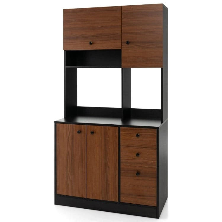 Armoire de cuisine autoportante blanche/noyer – 3 tiroirs, 3 armoires, 1 étagère ouverte