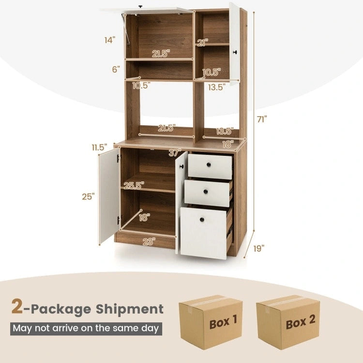 Armoire de cuisine autoportante blanche/noyer – 3 tiroirs, 3 armoires, 1 étagère ouverte