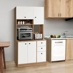 Armoire de cuisine autoportante blanche/noyer – 3 tiroirs, 3 armoires, 1 étagère ouverte