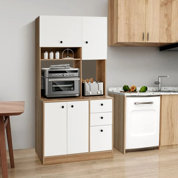 Armoire de cuisine autoportante blanche/noyer – 3 tiroirs, 3 armoires, 1 étagère ouverte