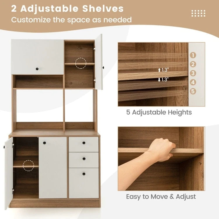 Armoire de cuisine autoportante blanche/noyer – 3 tiroirs, 3 armoires, 1 étagère ouverte
