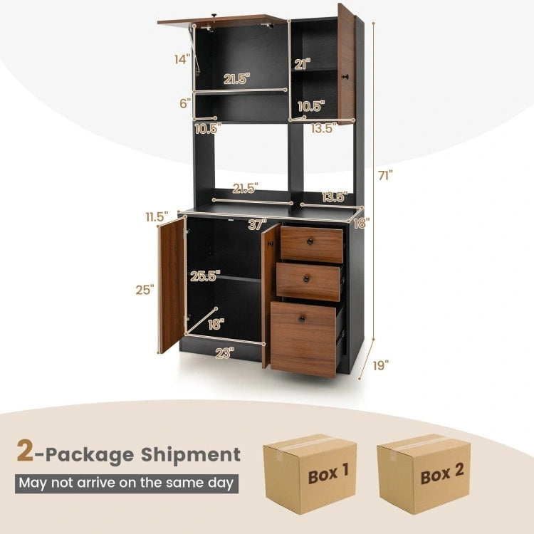 Armoire de cuisine autoportante blanche/noyer – 3 tiroirs, 3 armoires, 1 étagère ouverte